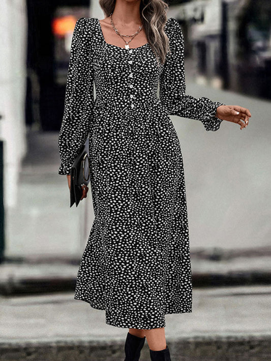 Square Neck Printed Long Sleeve Dress – Elegant Autumn-Winter Look