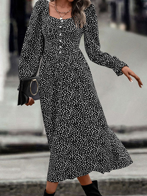 Square Neck Printed Long Sleeve Dress – Elegant Autumn-Winter Look