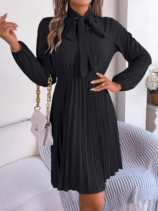 Elegant Long-Sleeve Pleated Midi Dress with Tie Waist – Autumn & Winter Style