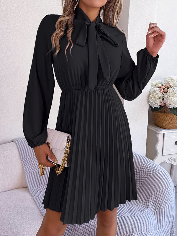 Elegant Long-Sleeve Pleated Midi Dress with Tie Waist – Autumn & Winter Style