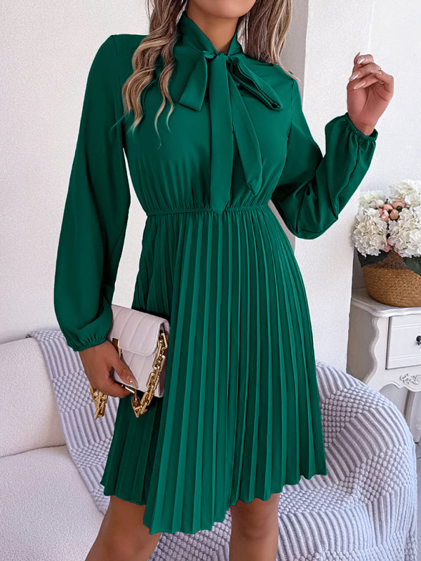 Elegant Long-Sleeve Pleated Midi Dress with Tie Waist – Autumn & Winter Style
