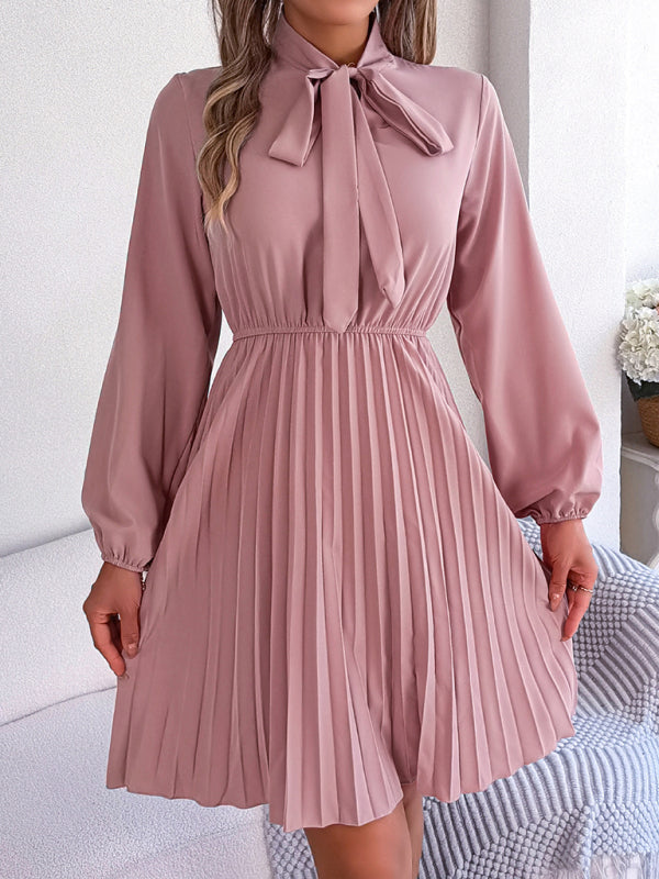 Elegant Long-Sleeve Pleated Midi Dress with Tie Waist – Autumn & Winter Style