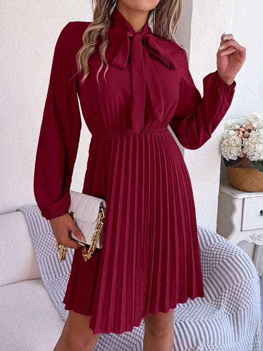 Elegant Long-Sleeve Pleated Midi Dress with Tie Waist – Autumn & Winter Style