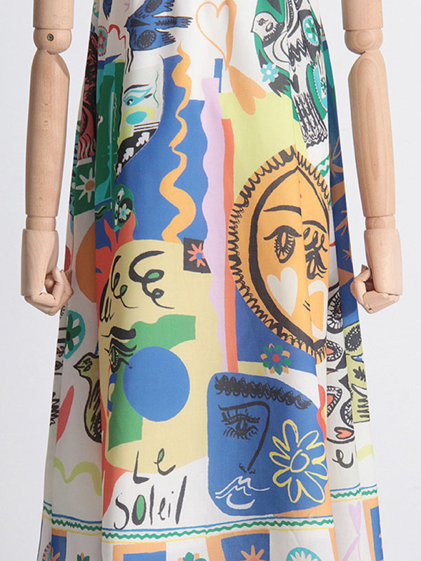 Square Neck Graffiti Print Maxi Dress – Sleeveless High Waist Resort Style