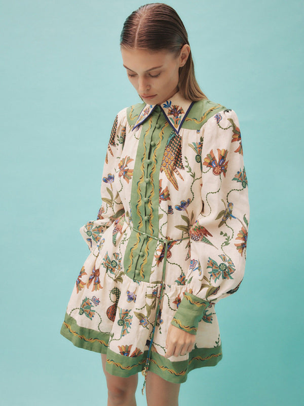 Printed Long-Sleeve Lapel Tie Dress – Flowy Fit, Romantic Style