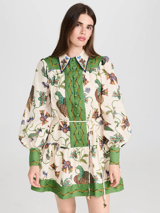 Printed Long-Sleeve Lapel Tie Dress – Flowy Fit, Romantic Style