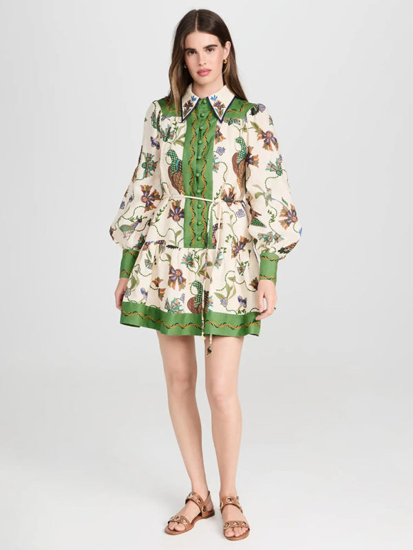Printed Long-Sleeve Lapel Tie Dress – Flowy Fit, Romantic Style