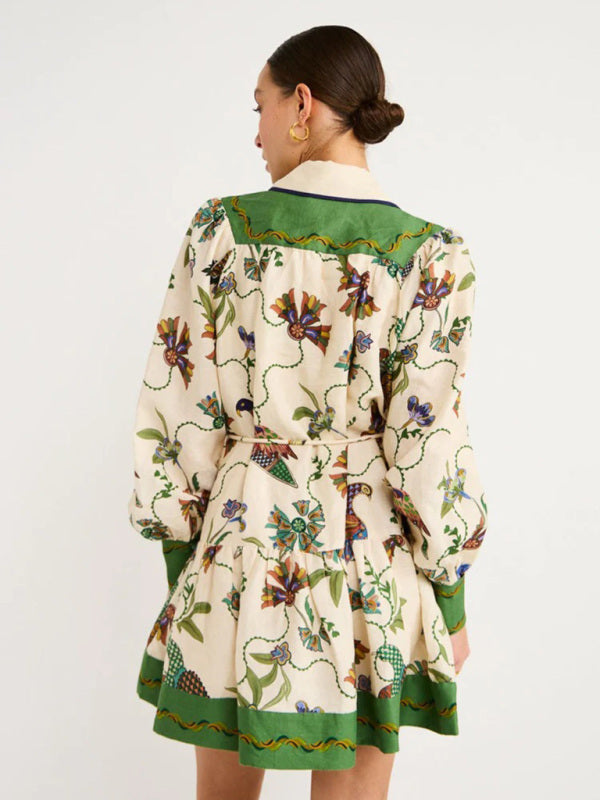 Printed Long-Sleeve Lapel Tie Dress – Flowy Fit, Romantic Style