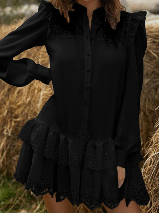 Romantic Black Lace Shirt Dress – Elegant Midi with Woven Detail
