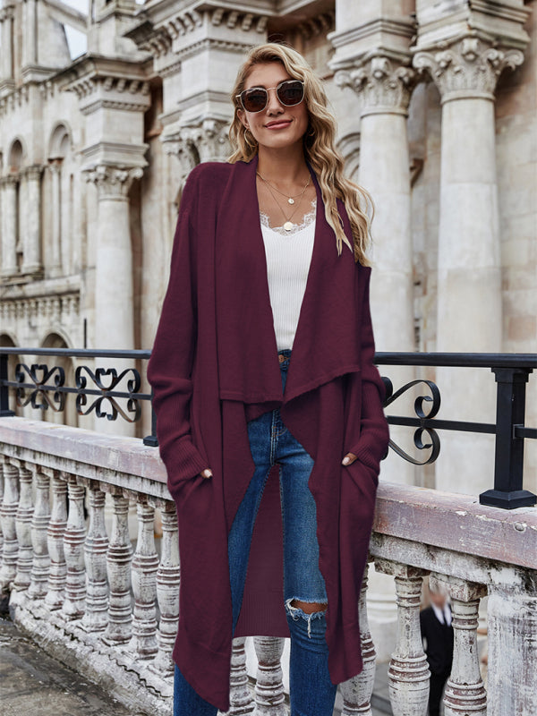 Women's Long Knit Open-Front Cardigan Wine Red