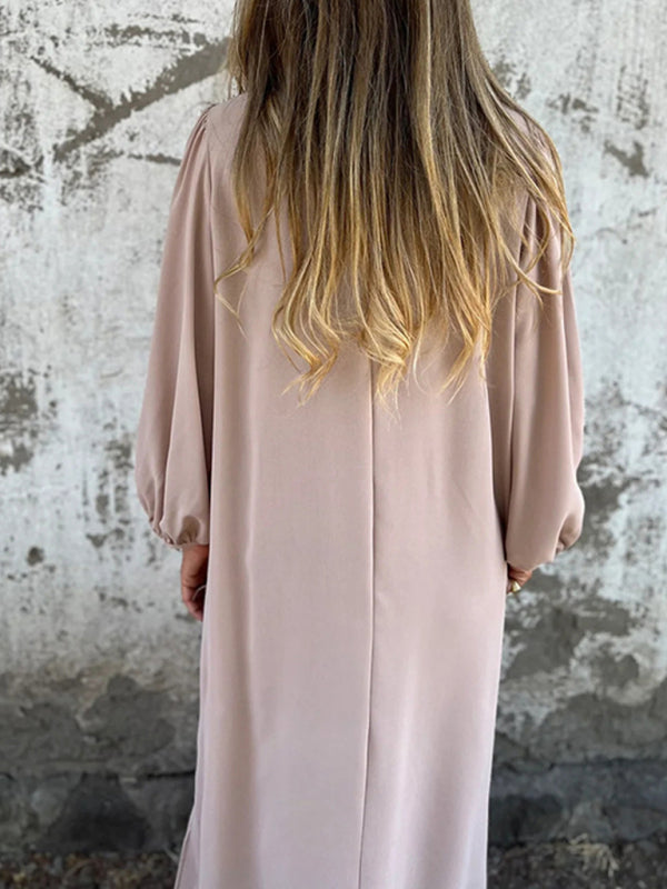 Casual Loose V-Neck Lantern Sleeve Dress – Solid Color, Spring Summer Style