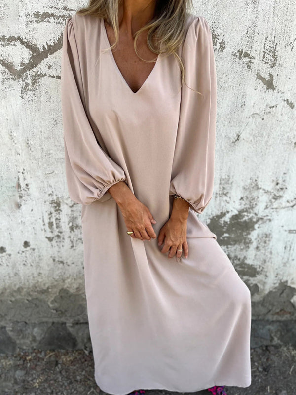 Casual Loose V-Neck Lantern Sleeve Dress – Solid Color, Spring Summer Style