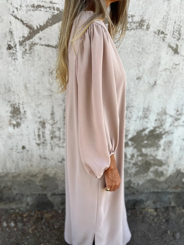 Casual Loose V-Neck Lantern Sleeve Dress – Solid Color, Spring Summer Style
