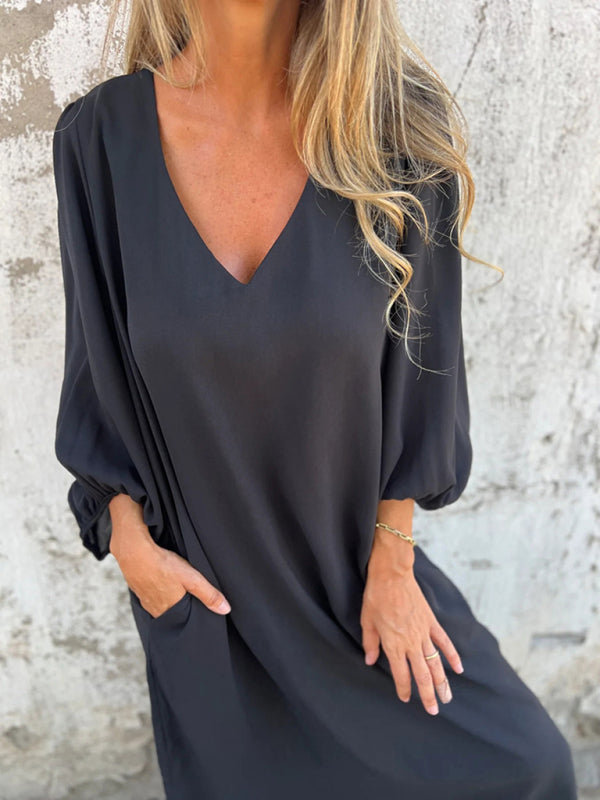 Casual Loose V-Neck Lantern Sleeve Dress – Solid Color, Spring Summer Style