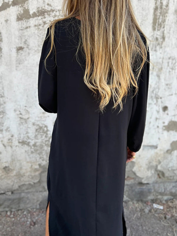 Casual Loose V-Neck Lantern Sleeve Dress – Solid Color, Spring Summer Style