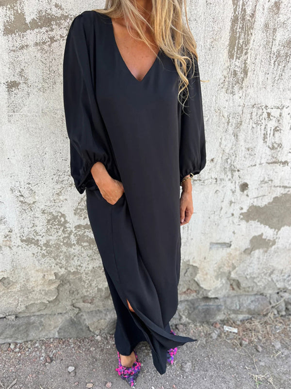 Casual Loose V-Neck Lantern Sleeve Dress – Solid Color, Spring Summer Style