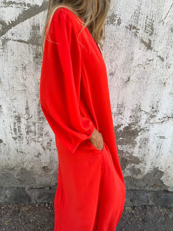 Casual Loose V-Neck Lantern Sleeve Dress – Solid Color, Spring Summer Style