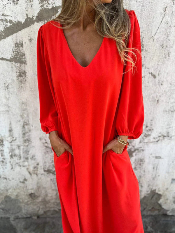 Casual Loose V-Neck Lantern Sleeve Dress – Solid Color, Spring Summer Style