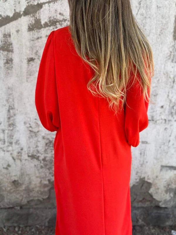 Casual Loose V-Neck Lantern Sleeve Dress – Solid Color, Spring Summer Style