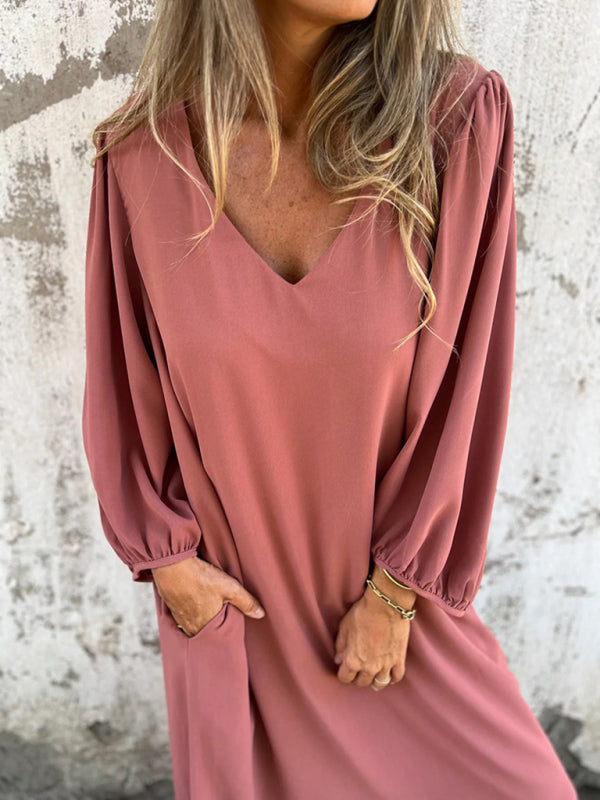 Casual Loose V-Neck Lantern Sleeve Dress – Solid Color, Spring Summer Style