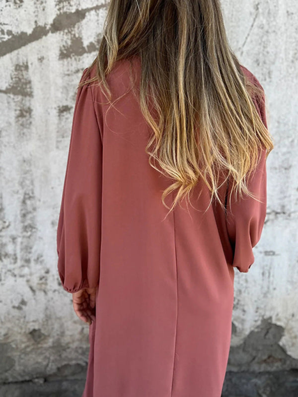Casual Loose V-Neck Lantern Sleeve Dress – Solid Color, Spring Summer Style