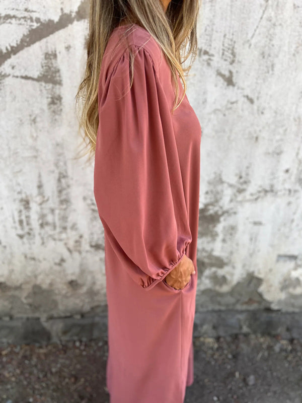 Casual Loose V-Neck Lantern Sleeve Dress – Solid Color, Spring Summer Style
