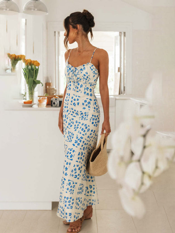 Printed V-Neck Backless Maxi Dress – Adjustable Straps, Romantic Fit
