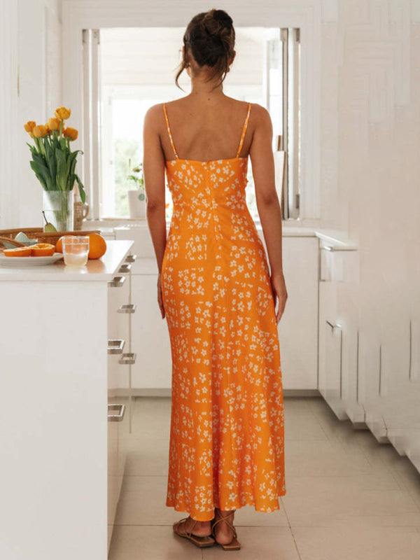 Printed V-Neck Backless Maxi Dress – Adjustable Straps, Romantic Fit