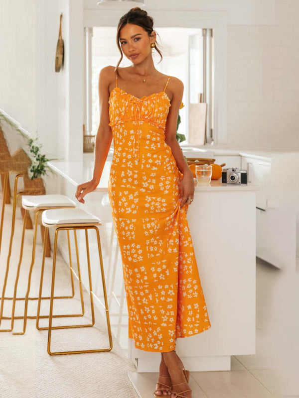 Printed V-Neck Backless Maxi Dress – Adjustable Straps, Romantic Fit