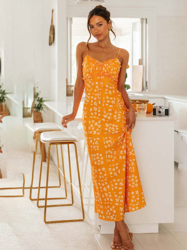 Printed V-Neck Backless Maxi Dress – Adjustable Straps, Romantic Fit
