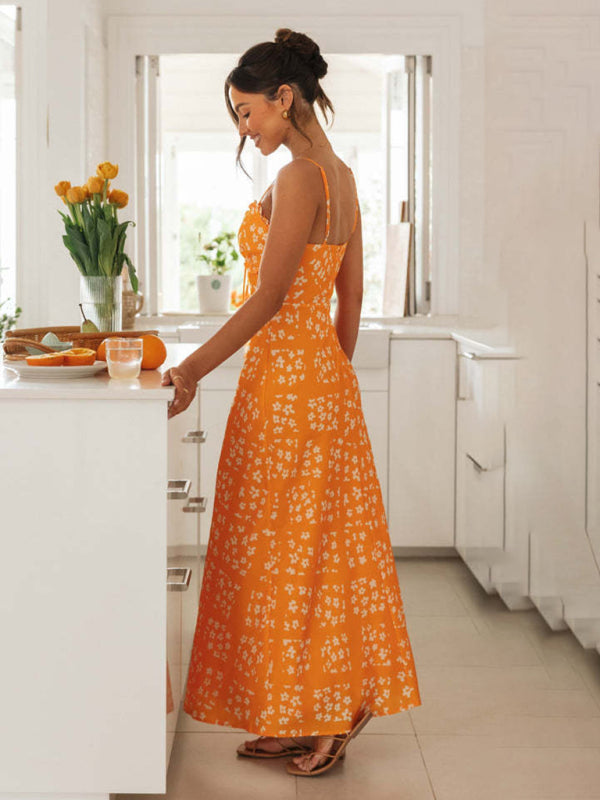 Printed V-Neck Backless Maxi Dress – Adjustable Straps, Romantic Fit