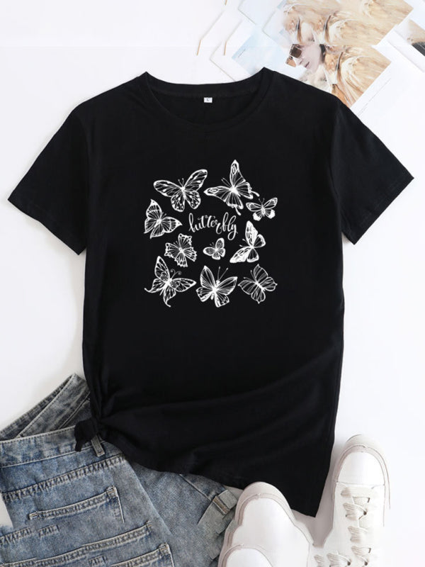Women's Butterfly Print Round Neck Short Sleeve T-Shirt