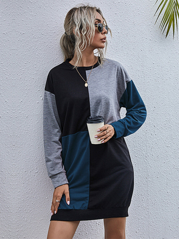 Color Block Long-Sleeve Sweater Dress – Round Neck, Casual Knit Fit
