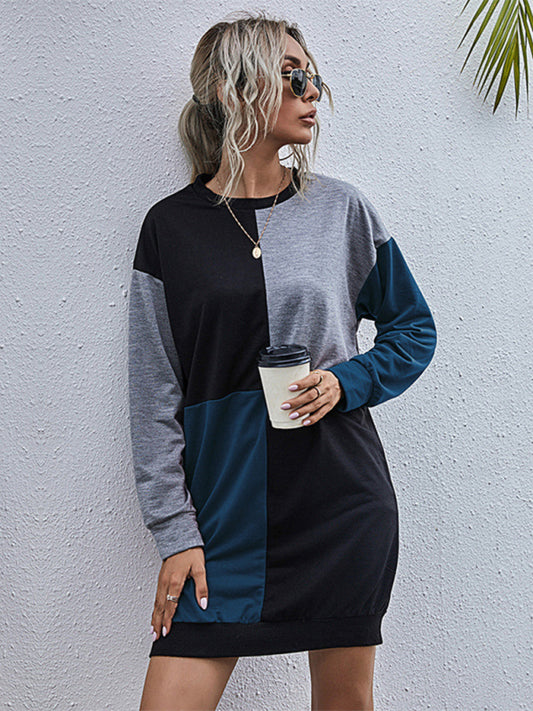 Color Block Long-Sleeve Sweater Dress – Round Neck, Casual Knit Fit
