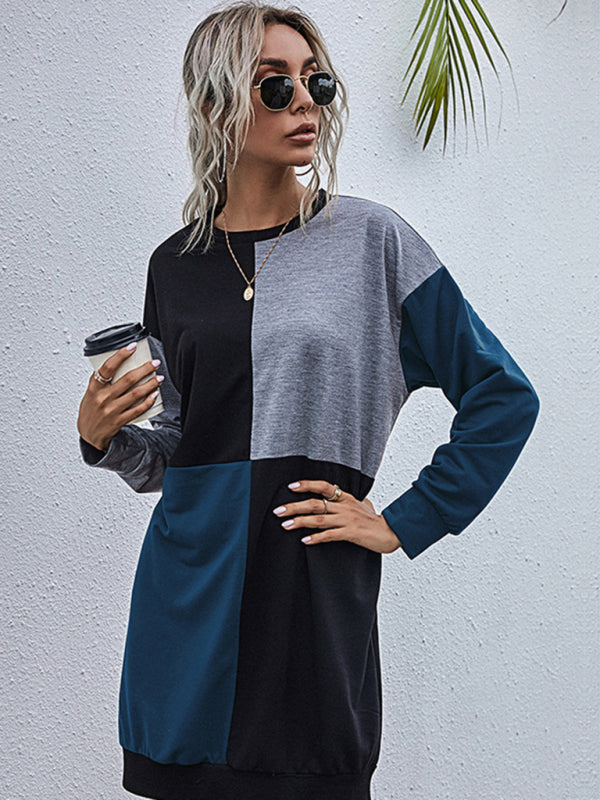Color Block Long-Sleeve Sweater Dress – Round Neck, Casual Knit Fit