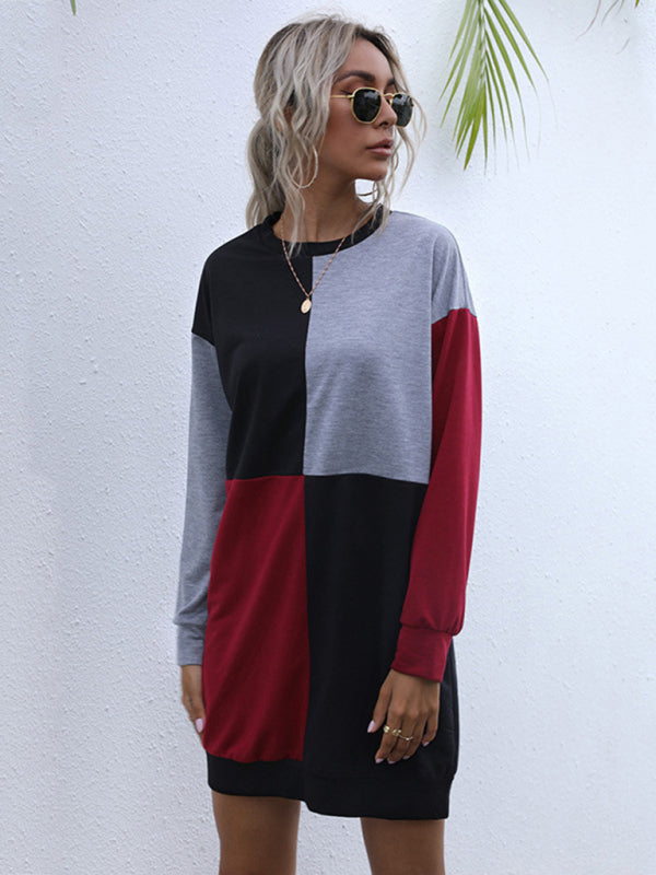 Color Block Long-Sleeve Sweater Dress – Round Neck, Casual Knit Fit