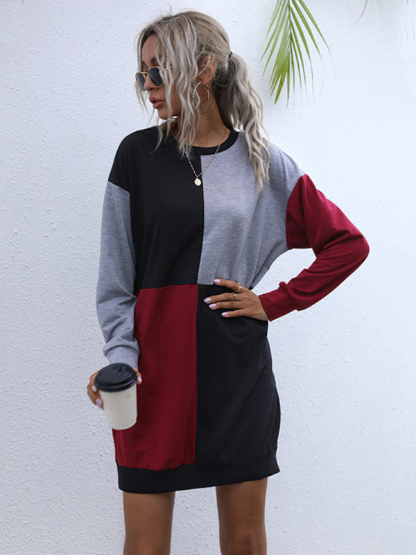Color Block Long-Sleeve Sweater Dress – Round Neck, Casual Knit Fit