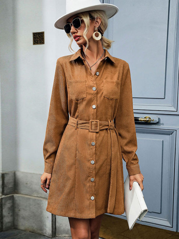 Corduroy Shirt Dress – Long Sleeve with Flap Pockets in Camel