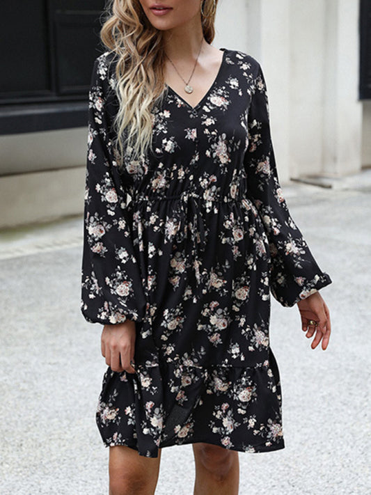 Floral Print Long Sleeve V-Neck Dress – Black, Woven Polyester, Spring Style