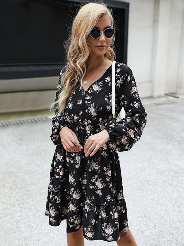 Floral Print Long Sleeve V-Neck Dress – Black, Woven Polyester, Spring Style