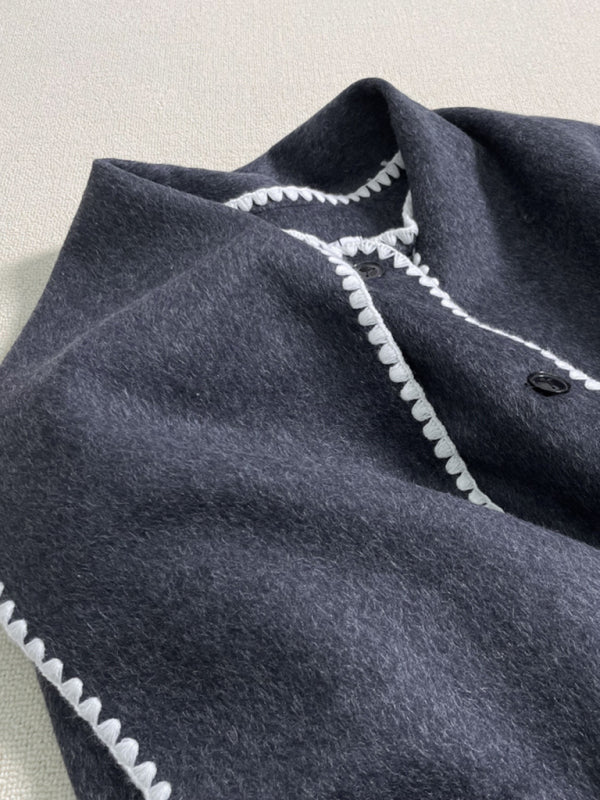 Abrigo de mezcla de lana con cuello de bufanda con flecos