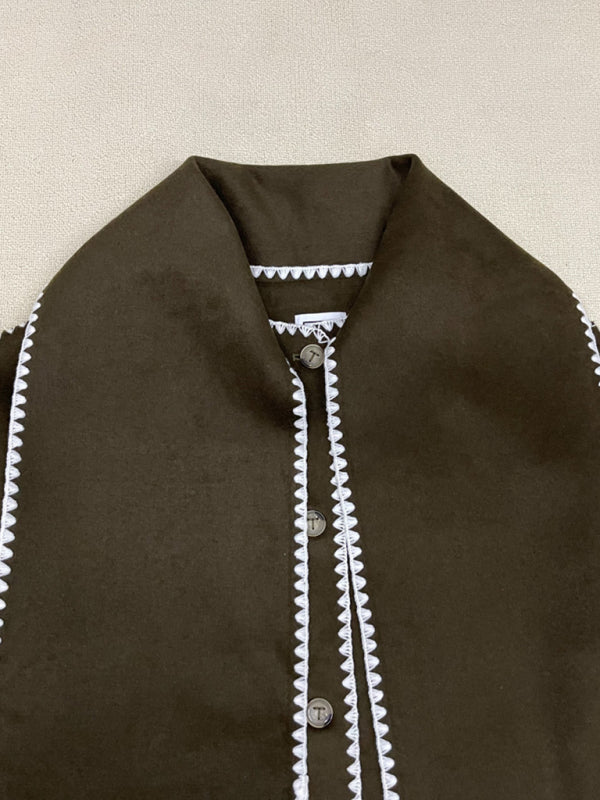 Abrigo de mezcla de lana con cuello de bufanda con flecos