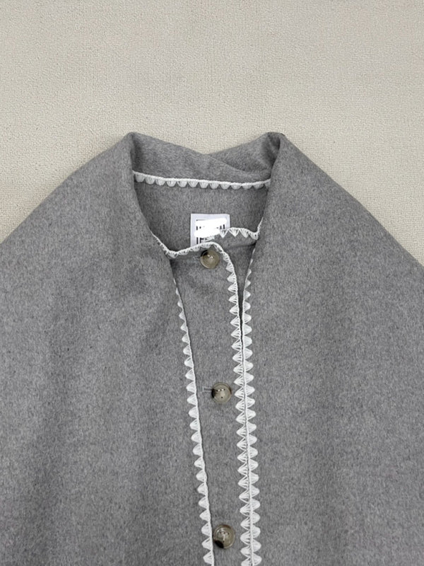 Abrigo de mezcla de lana con cuello de bufanda con flecos