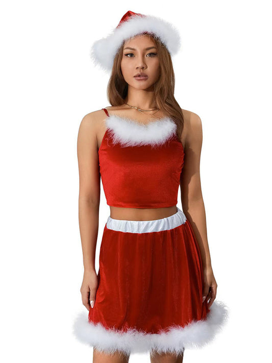Off-Shoulder Red Christmas Feather Suspender Skirt with Hat – Holiday Party Dress