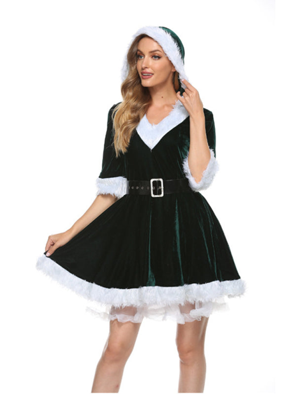 Plush Christmas Hooded Skater Dress – High Waist & Belted Party Look