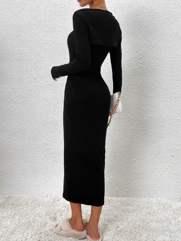 Elegant Solid Color Long-Sleeve Suspender Dress – Graceful Knit Evening Look