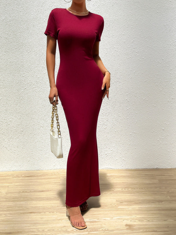 Slim Fit Solid Color Midi Dress – Round Neck & Short Sleeves