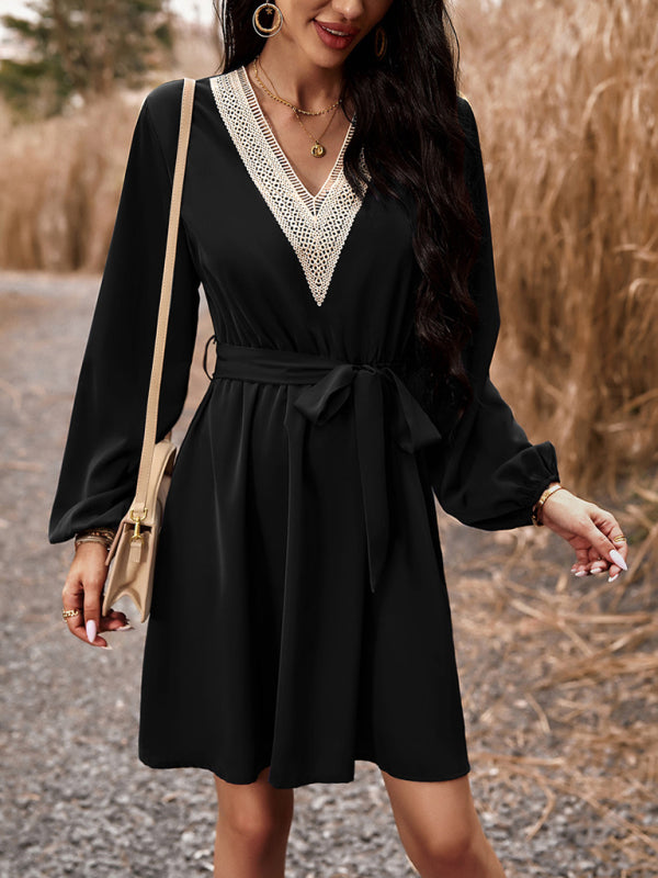 Elegant V-Neck Long-Sleeve Dress – Lightweight Polyester, Graceful Fit