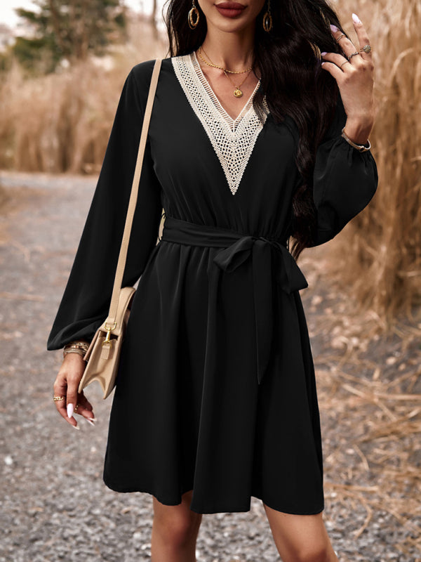 Elegant V-Neck Long-Sleeve Dress – Lightweight Polyester, Graceful Fit