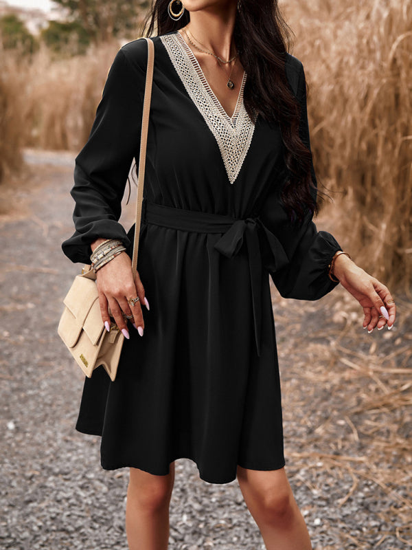 Elegant V-Neck Long-Sleeve Dress – Lightweight Polyester, Graceful Fit